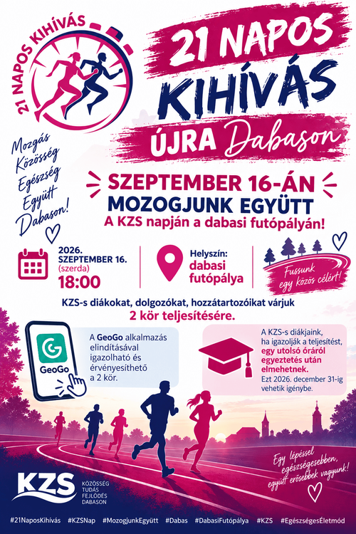 Szeptember 16-án, a KZS napján mozogjunk együtt a dabasi futópályán!