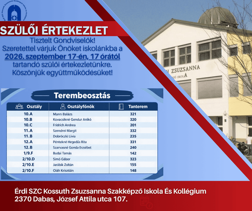Szülői értekezlet 2026.09.17-én 17:00-tól